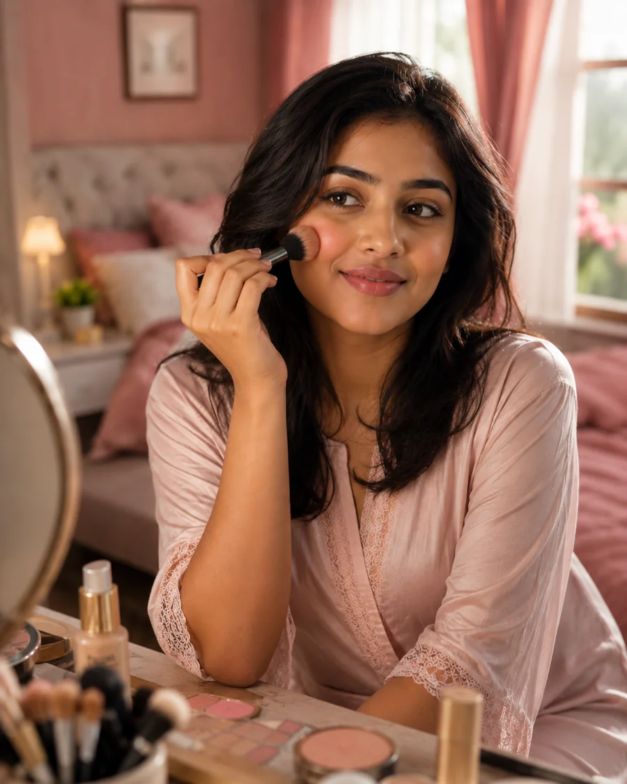 अपने चेहरे का makeup करती एक भारतीय महिला — BEMIHUB MAKEUP
